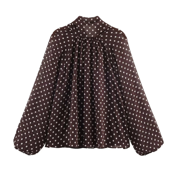 Dark brown polka-dot high-neck chiffon blouse with gathered front and long puff sleeves
