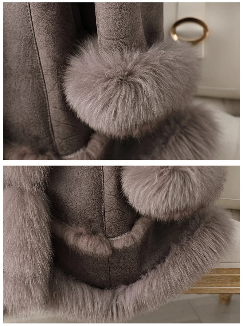 Grey trench coat with plush fur hood collar and long fur trim