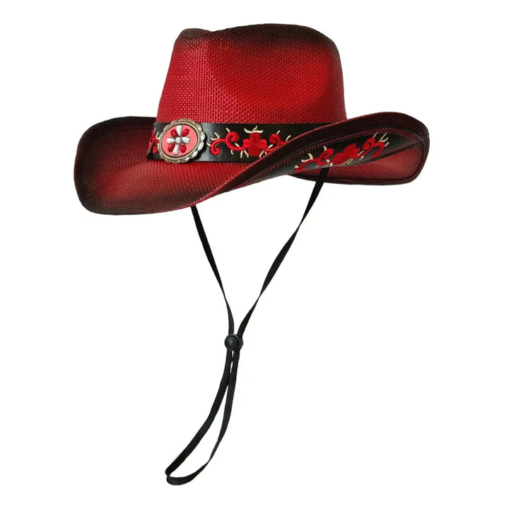 Red cowboy hat with black brim band, round silver emblem, and adjustable neck ties
