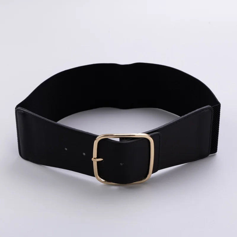 Black waist belt with gold square buckle and sturdy PU leather front