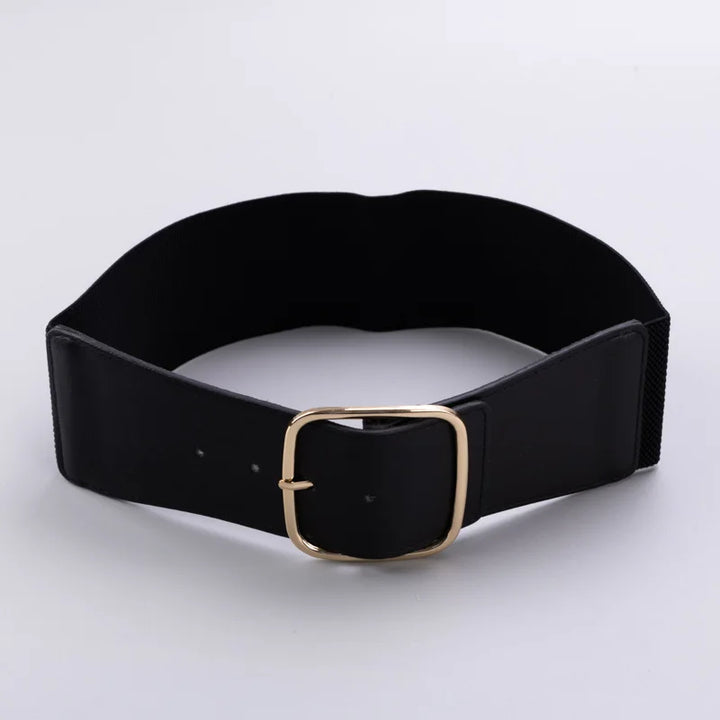 Black waist belt with gold square buckle and sturdy PU leather front