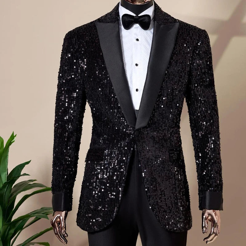 Notched Shining Sequins Two Piece Tuxedo