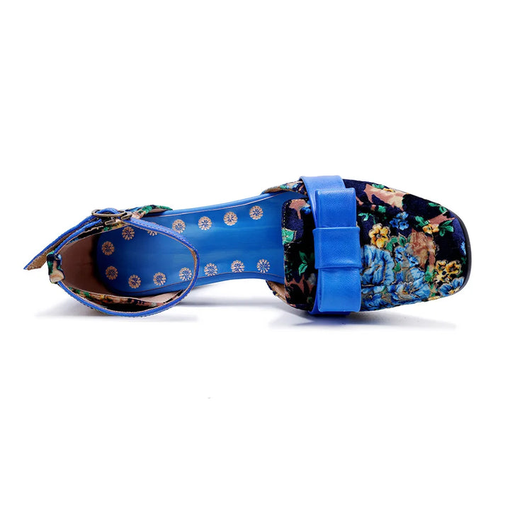 Blue floral heel sandals showing open toe and wide ankle strap