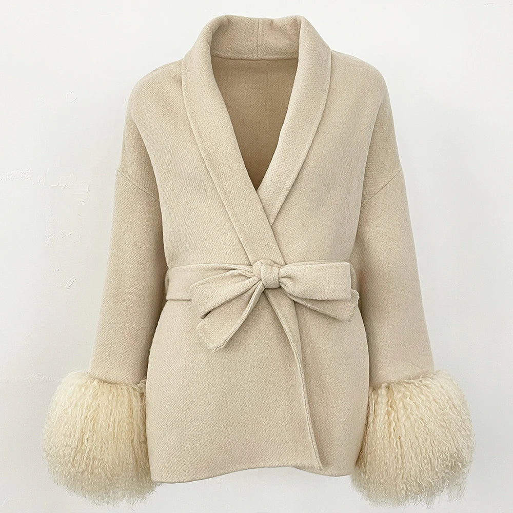 Elegant Mongolian Fur Woolen Overcoat