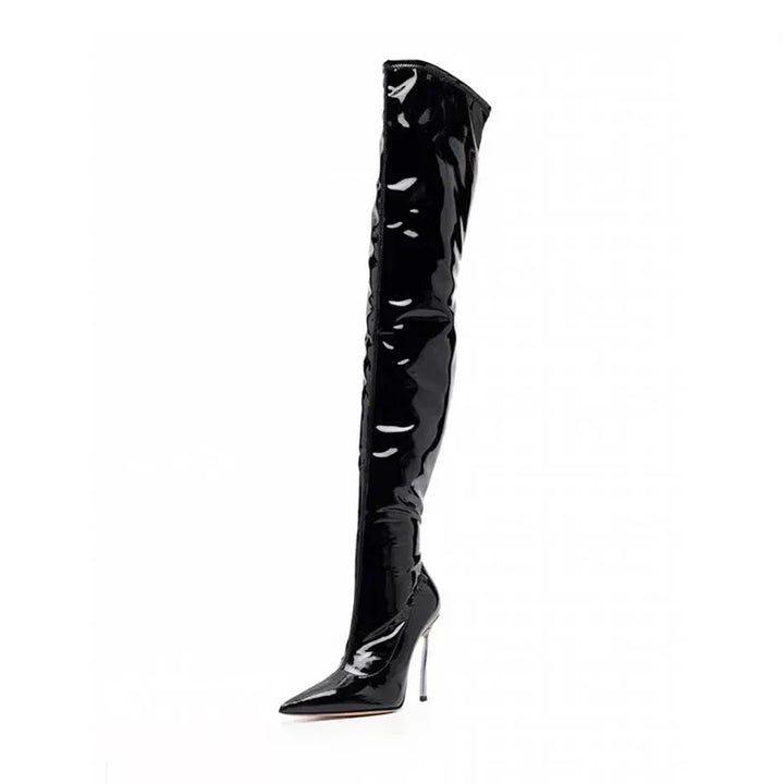 Black shiny patent leather tall heeled boots with pointed toe and stiletto heel.