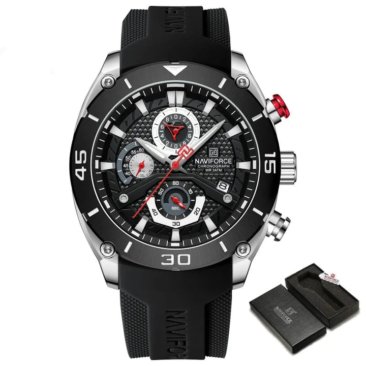 Black sports watch with red accents, textured silicone strap, and multi-dial chronograph face