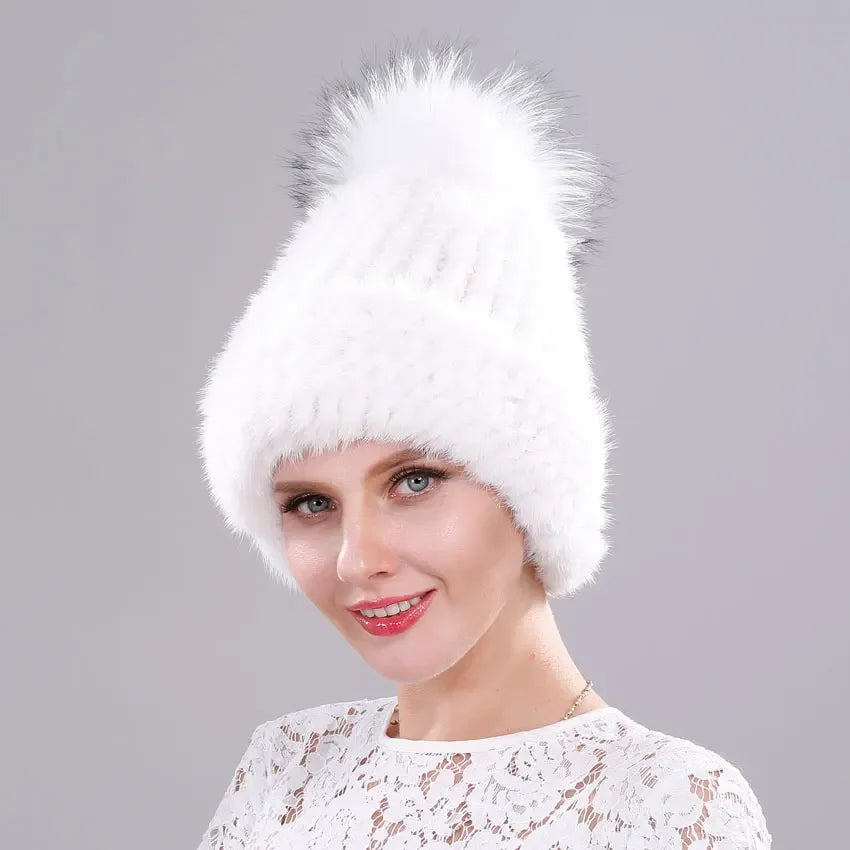 Luxury Fur Pompom Knitted Beanie Cap