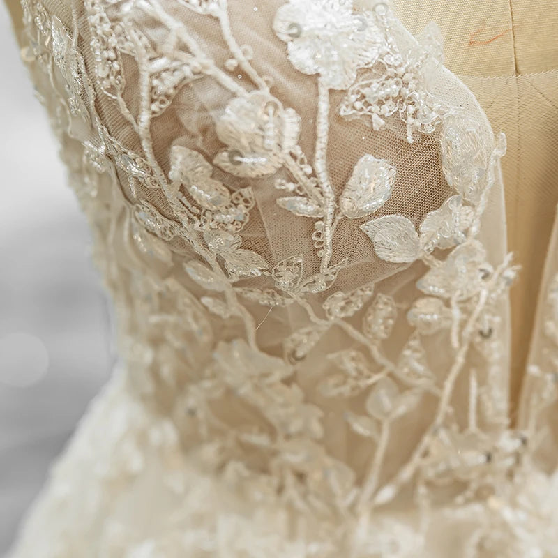 Robes de mariée classiques pour femmes, bretelles spaghetti, fermeture éclair, dentelle, coupe trapèze, col en V, robes de mariée QW01836