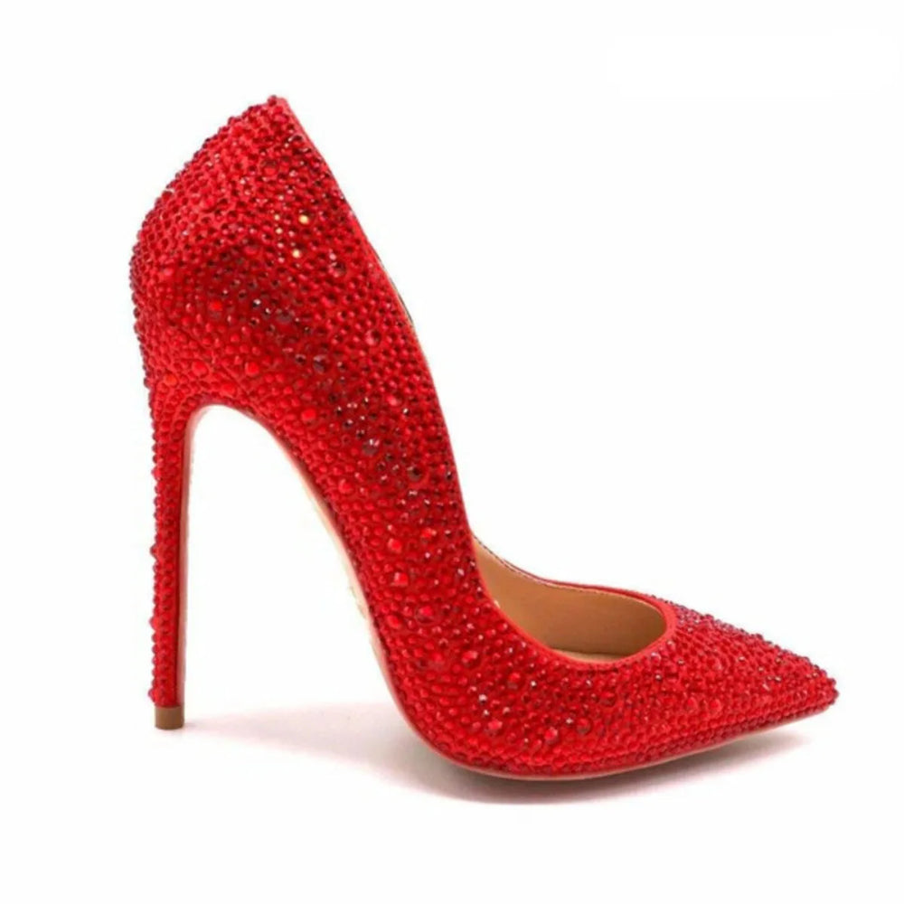 Red rhinestone pointed-toe high heel pump, side view, stiletto heel