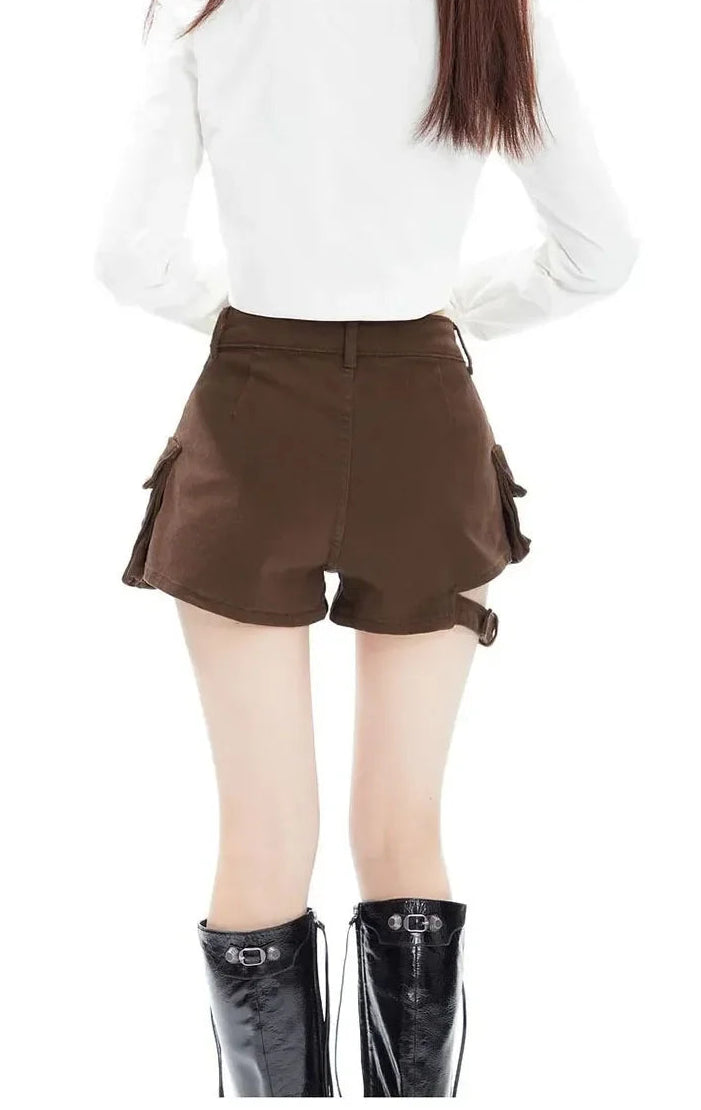 Coffee brown denim cargo shorts with high-waist fit and side cargo pockets