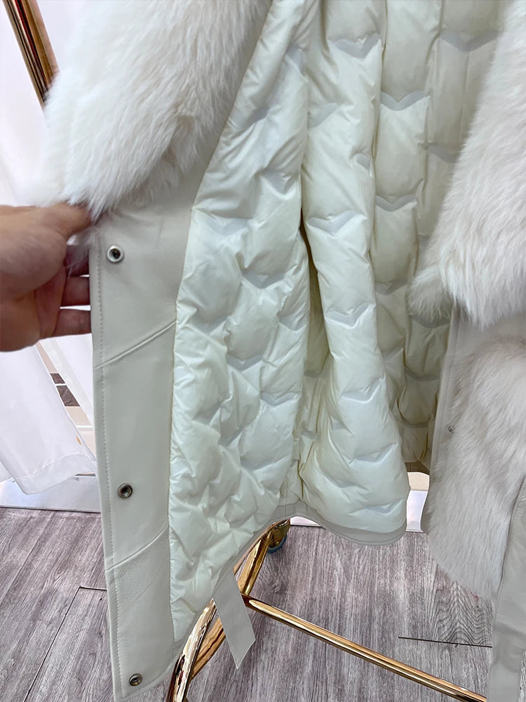 Beige leather coat showing snap placket and quilted insulation lining with faux-fur trim
