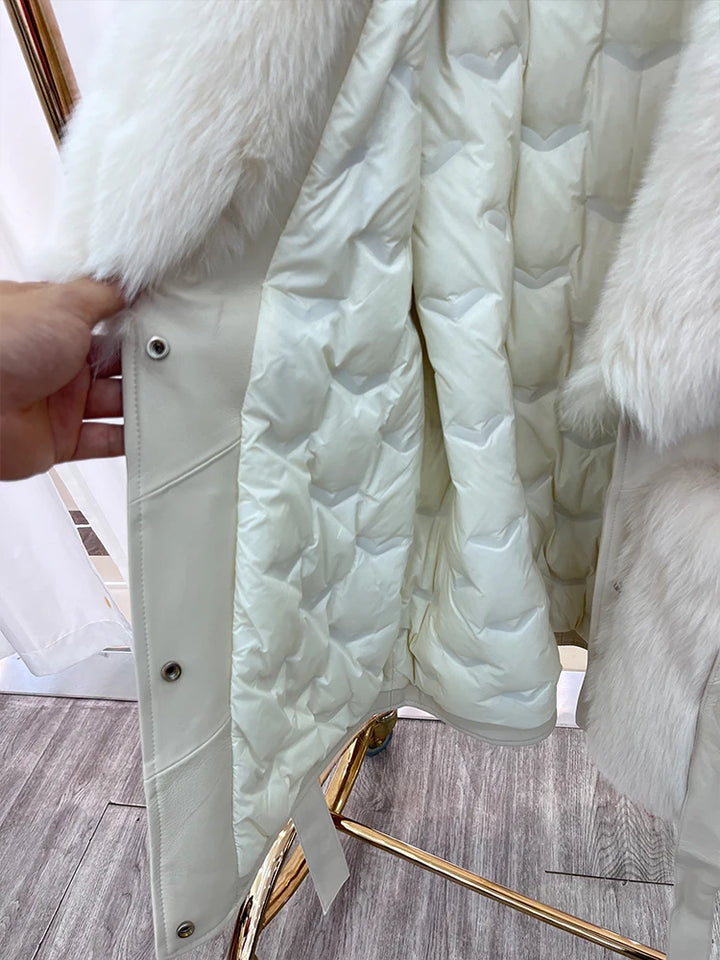 Beige leather coat showing snap placket and quilted insulation lining with faux-fur trim