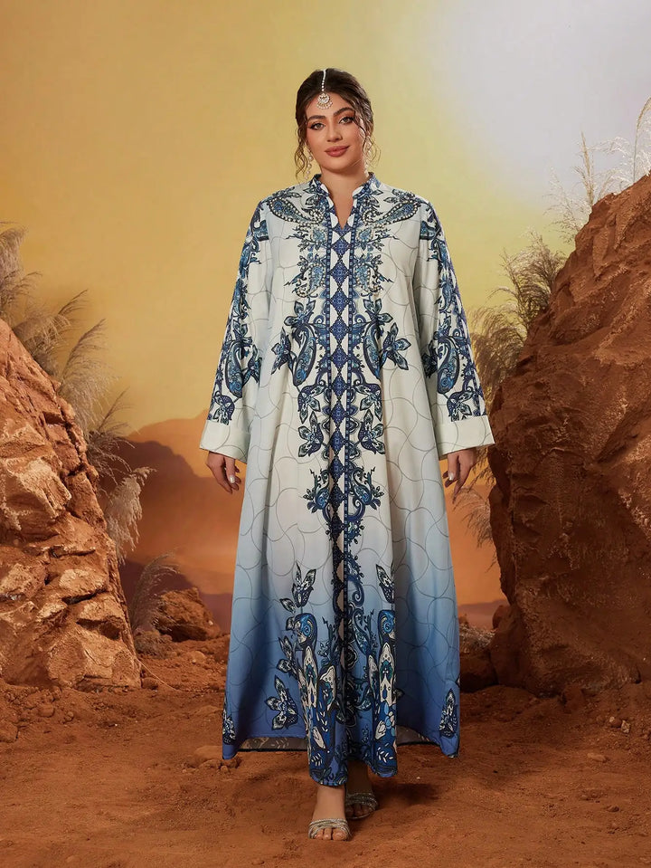 Decorative Stand-up Collar Abaya Dress