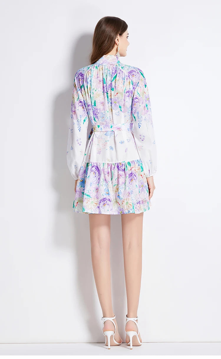 Stylish Floral Print Oil Painting Short Dress