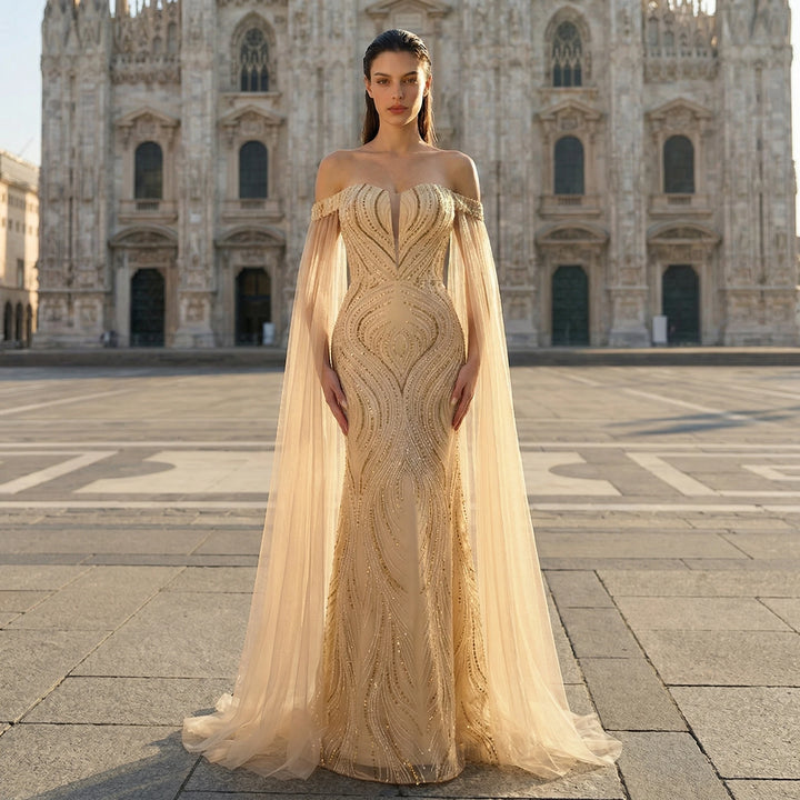 Glamorous Sheer Cape Prom Dress