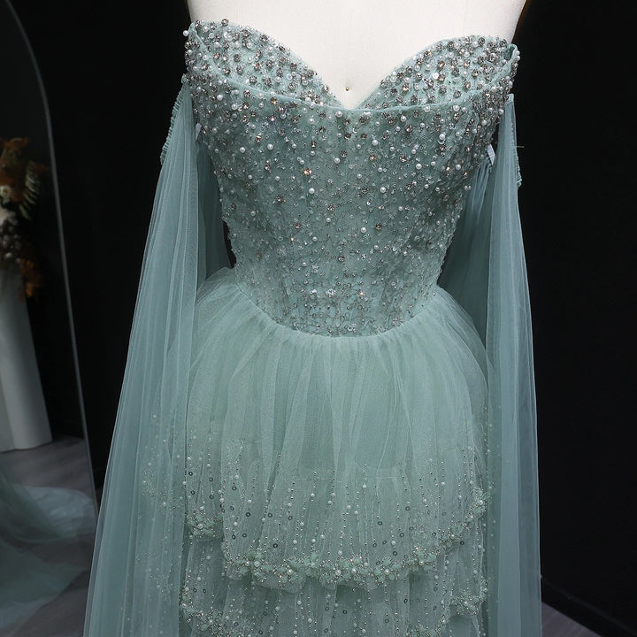 Charming Beaded Tiered Arabic Evening Gown