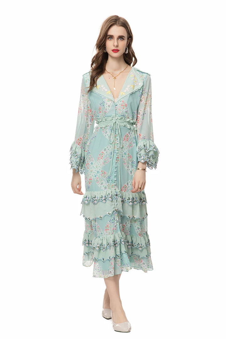 Cascading Ruffle Embroidery Dress