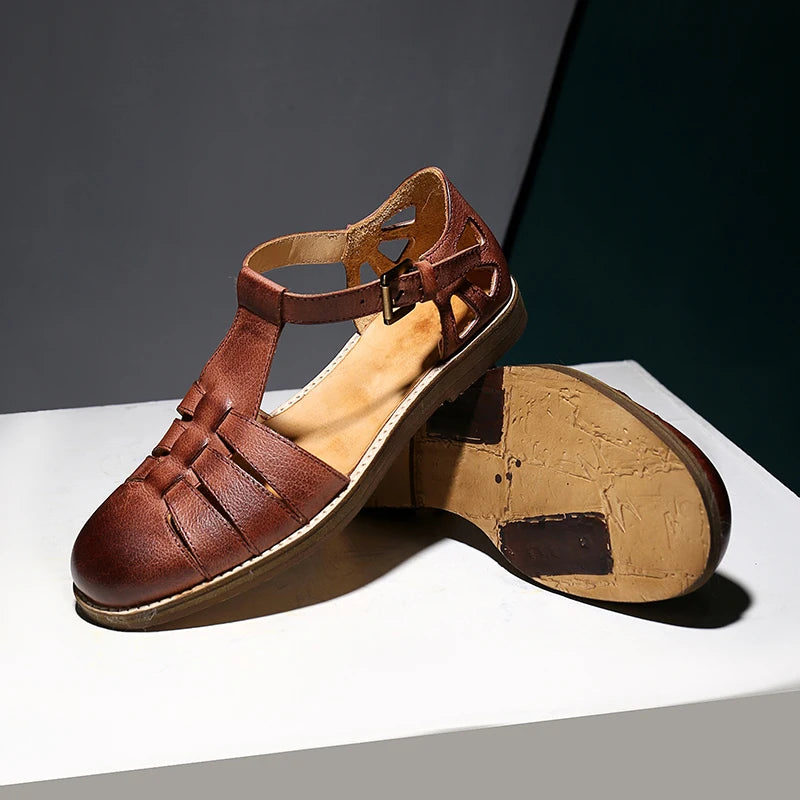 Round-toe Oil Slick Leather Sandals