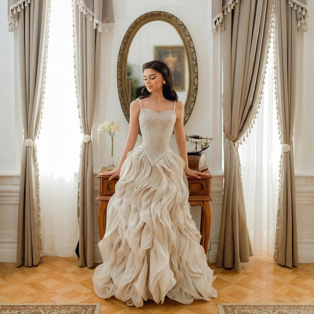 Luxury Ruffled Beaded Pearl Evening Dress