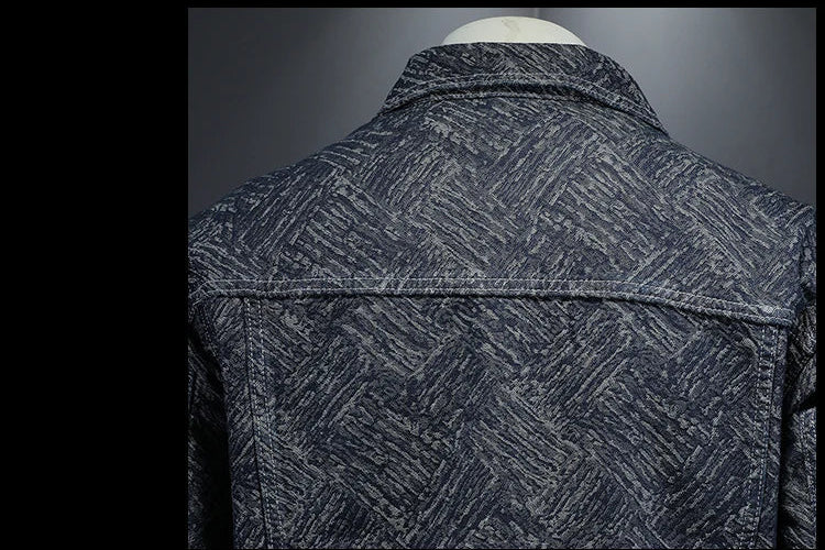 Blue jacquard denim jacket back view, pointed collar and yoke seam