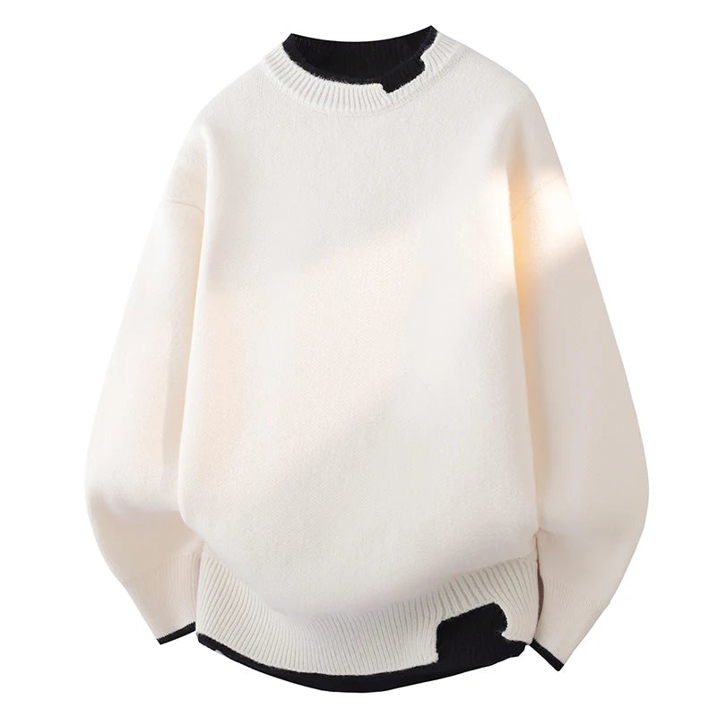 Men's knitted pullover sweater, off-white with black crewneck and ribbed cuffs/hem
