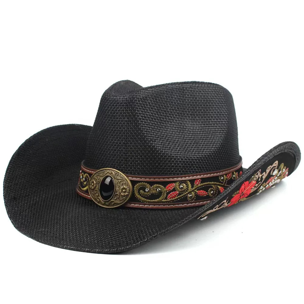 Black woven cowboy hat with colorful embroidered band and oval gemstone buckle
