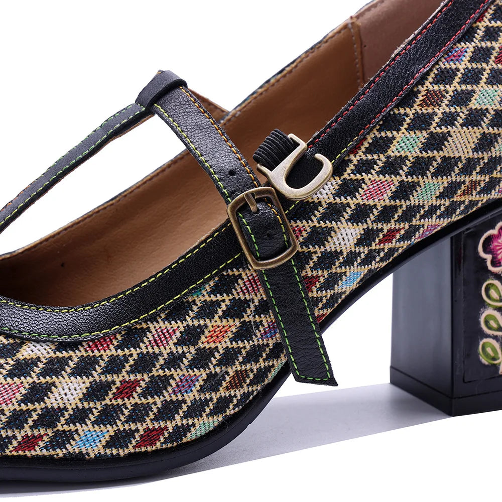 Plaid pump close-up with ankle strap buckle, multicolor stitching, and block heel