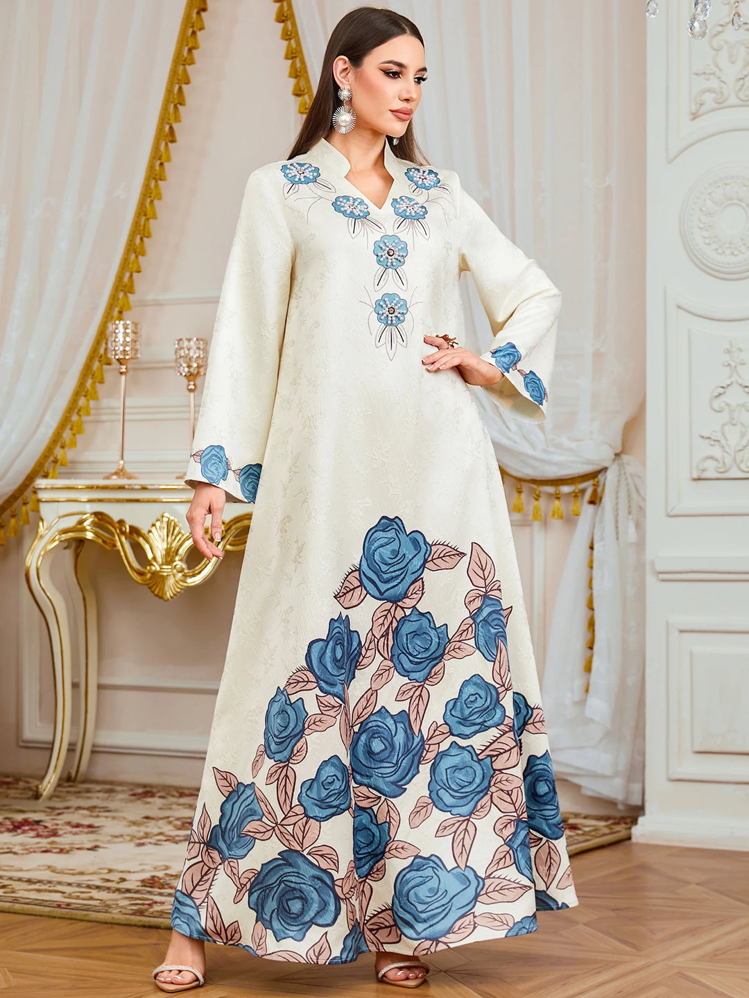 Attractive Floral Print Moroccan Abaya Dress