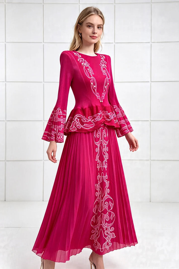 Two-piece set with long-sleeve pleated skirt in fuchsia pink with white scroll print