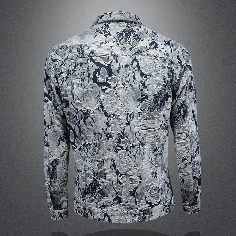 Abstract print button-up jacket, long sleeves, back view