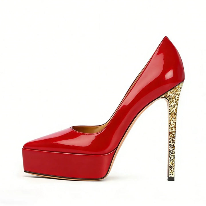 Red patent leather platform stiletto pumps with gold glitter heel, side view