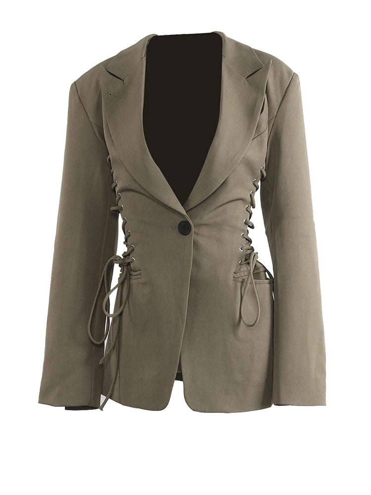 Women’s lapel blazer in gray-green with lace-up sleeve trim and slim tailored cut