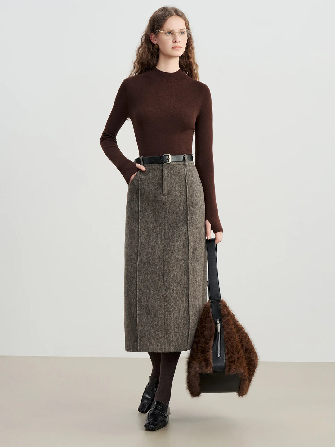Retro Mid-Length Slit Wool Skirt
