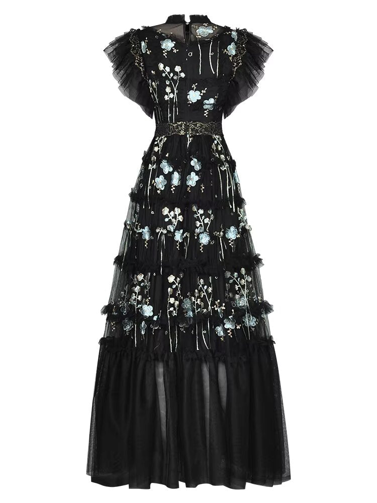 Black embroidered mesh evening dress with ruffled cap sleeves and tiered skirt