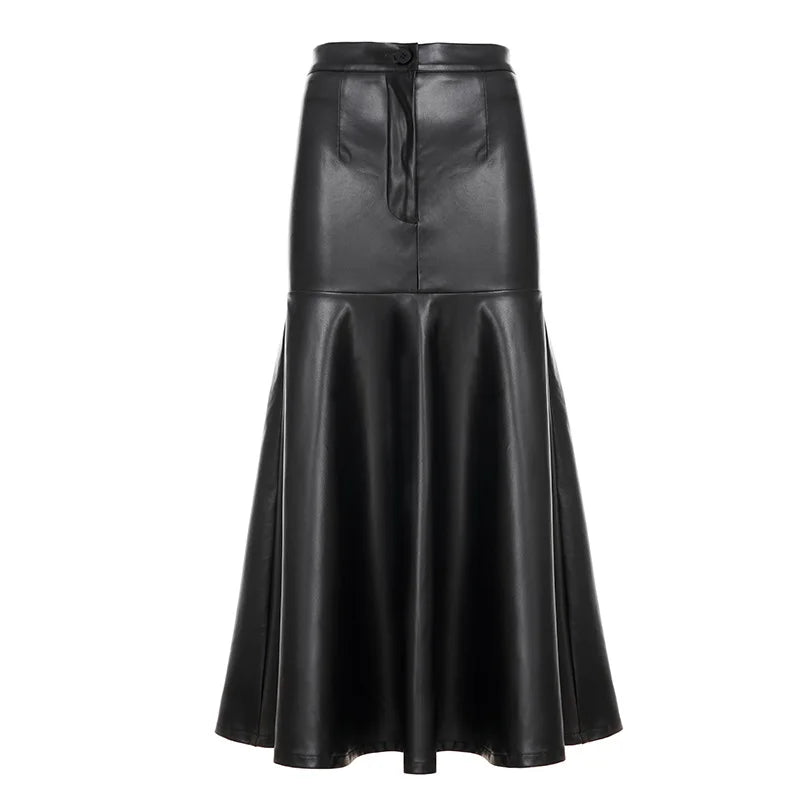 Black high-waist pleated leather midi skirt with front button placket