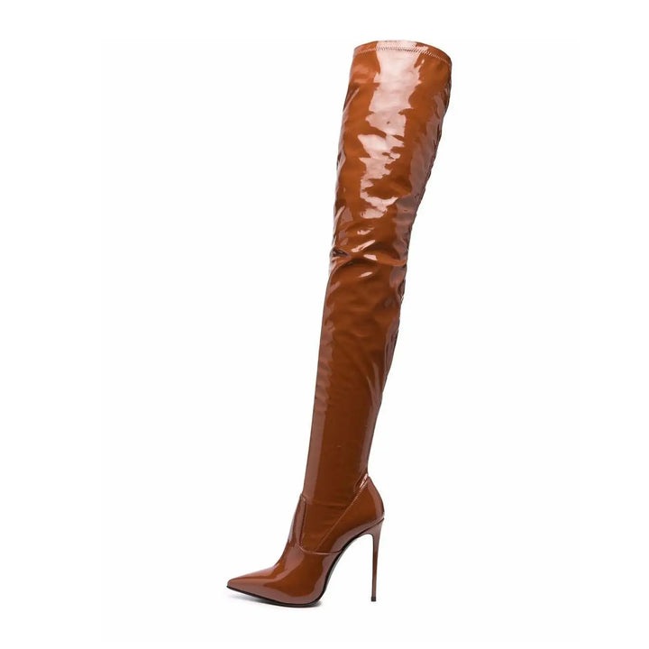 Cognac brown patent knee-high skinny heel boots with pointed toe