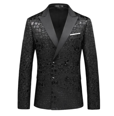 Black lace blazer with shiny lapels on a white background