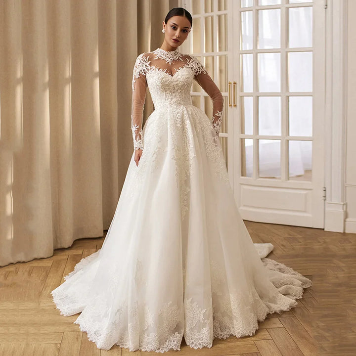 Romantic High Neck Illusion Wedding Dress