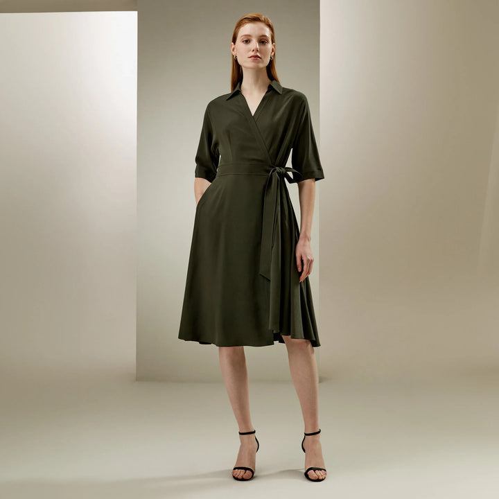 Relaxed Half-sleeves Front Tie Silk Wrap Dress