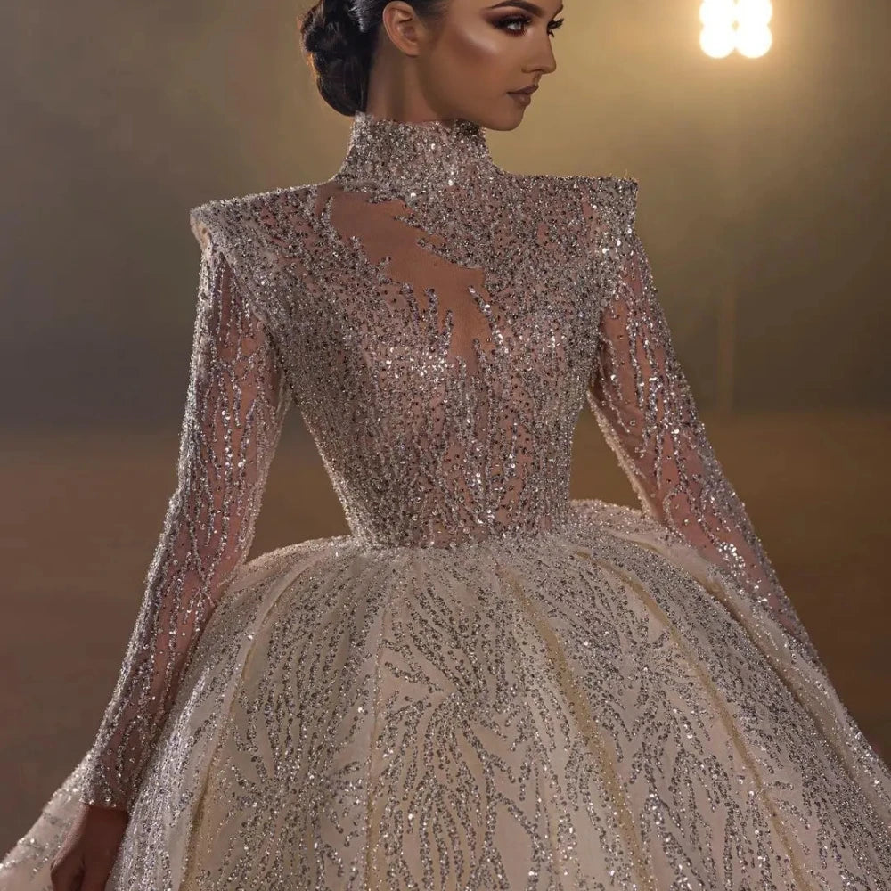 High Collar Sparkly Sequin Arabic Bridal Dress