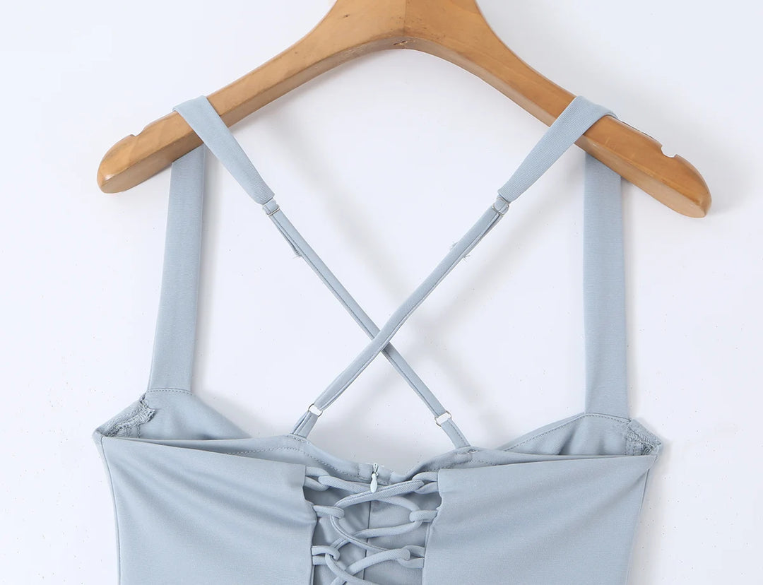 Blue gray spaghetti-strap midi dress with crisscross back and tied lace-up front