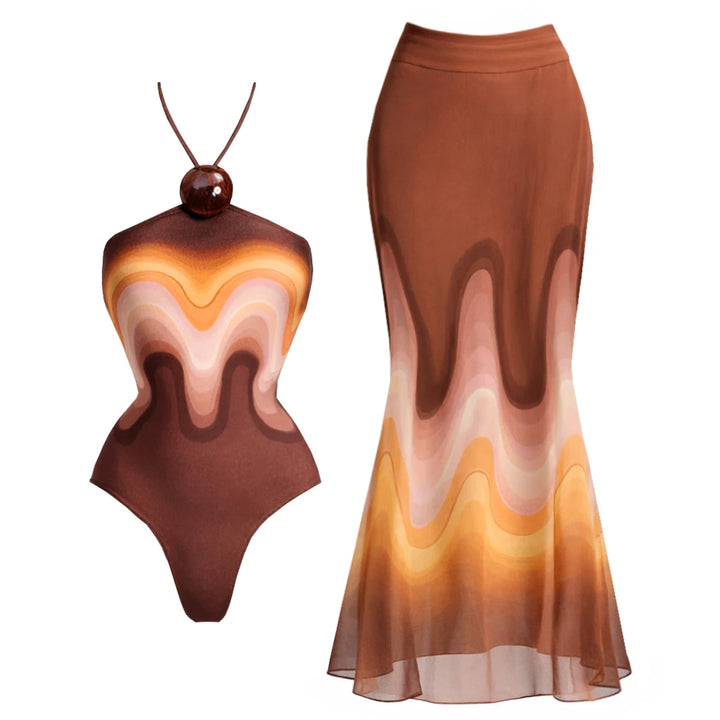 Brown sheer wave-pattern bikini cover-up skirt with elastic waistband and long hem