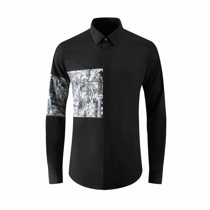 Black slim fit dress shirt with comic-print front panel and long sleeves