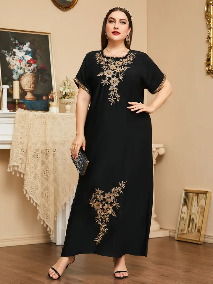 Short Sleeve Floral Embroidery Women's Abaya Dress