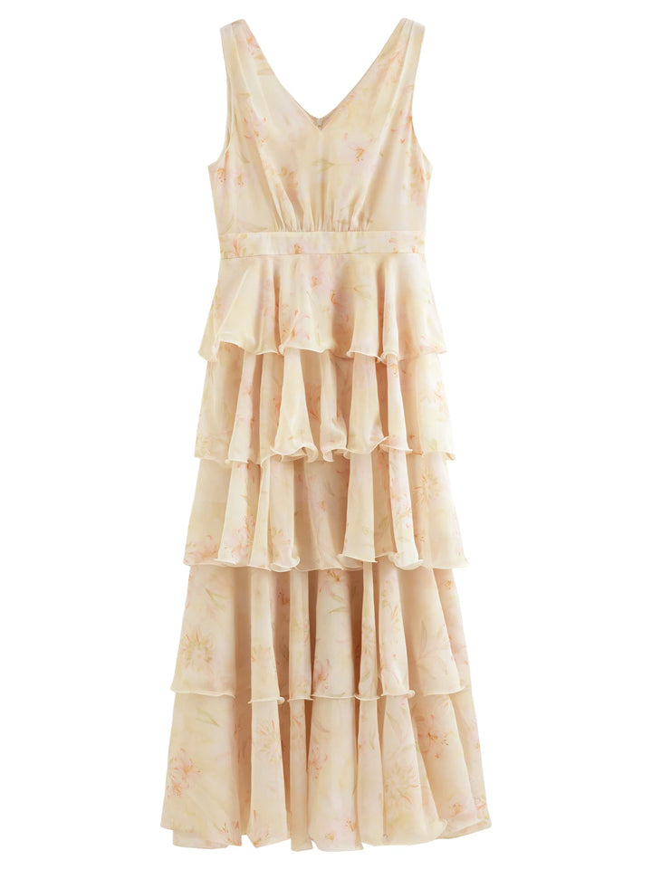 Light yellow tiered ruffle maxi dress with sleeveless V-neck and cinched waist