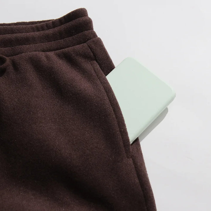 Coffee brown jogger pants waistband with drawstring and ribbed cuffs