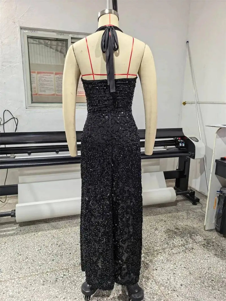 Black sequin bodycon gown with long column silhouette