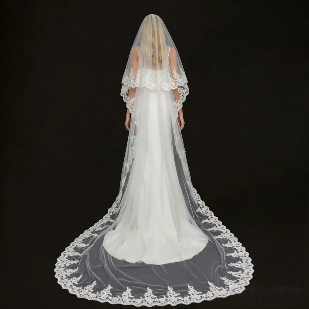 Back view long veil with scalloped lace border and gathered top