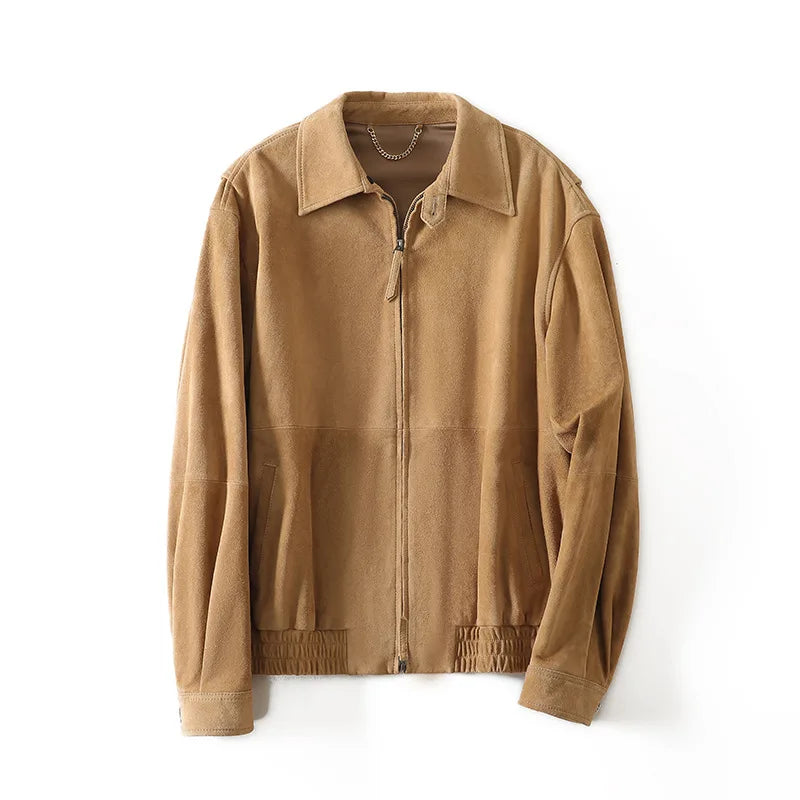 Tan suede bomber jacket for women with stand collar, front zipper, and ribbed hem.
