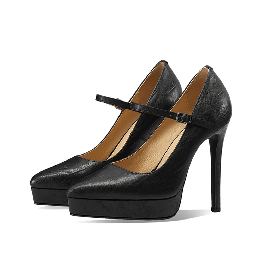 Women’s high-heel platform pumps with ankle strap, black, pair side view